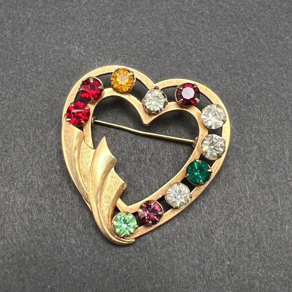 Vintage Gold Filled Brooch Heart Multi Color Rhinestones 12KT Signed